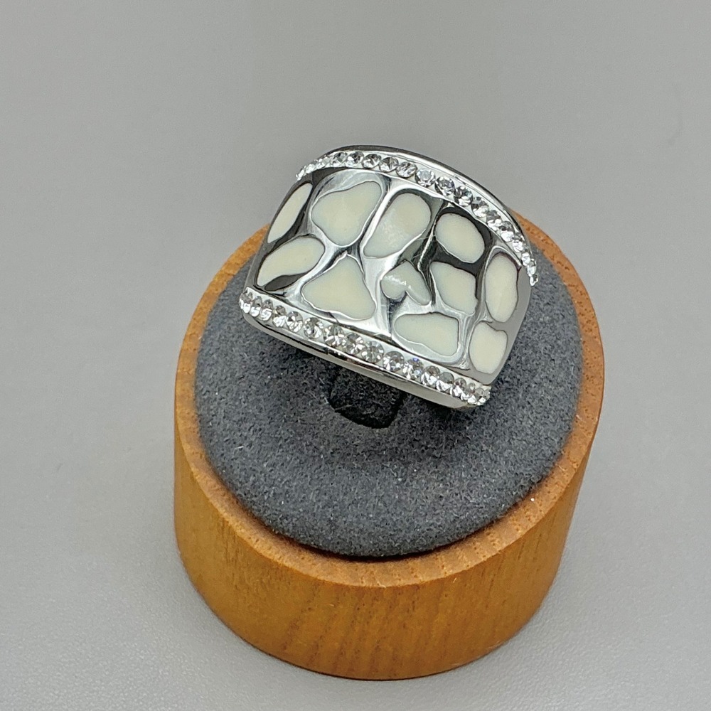 Koster Ring White Enamel Crystal Rhinestone Heart Silver Tone Statement Size 8